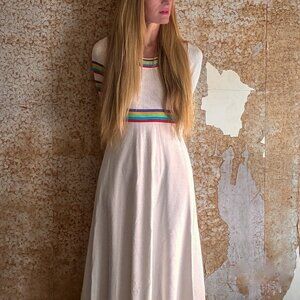 70s Giamo Knits Long Sleeved White Maxi Dress with Rainbow Stripes